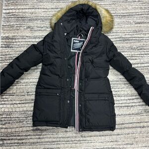 PUFFA Women's Black Puffer Coat with Faux Fur Trim